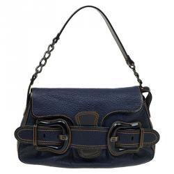 Pre Owned Fendi Navy Blue Pebbled Leather B Shoulder Bag