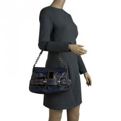 Pre Owned Fendi Navy Blue Pebbled Leather B Shoulder Bag