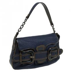 Pre Owned Fendi Navy Blue Pebbled Leather B Shoulder Bag