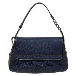Pre Owned Fendi Navy Blue Pebbled Leather B Shoulder Bag