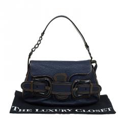 Pre Owned Fendi Navy Blue Pebbled Leather B Shoulder Bag