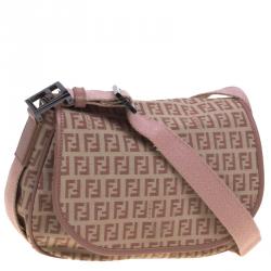 Pre Owned Fendi Beige/Pink Zucchino Canvas Crossbody Bag