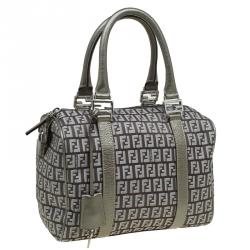Fendi Grey Zucchino Canvas Small Forever Bauletto Boston Bag