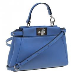 Pre Owned Fendi Powdered Blue Leather Micro Peekaboo Bag