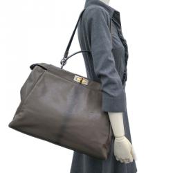 Pre Owned Fendi Dark Grey Leather Large Peekaboo Tote