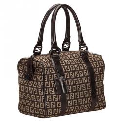 Pre Owned Fendi Tobacco Zucchino Canvas Small Boston Bag