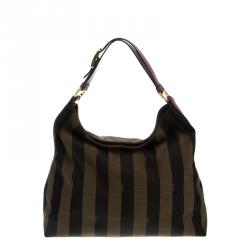 Pre Owned Fendi Brown/Purple Pequin Canvas and Leather Large Hobo