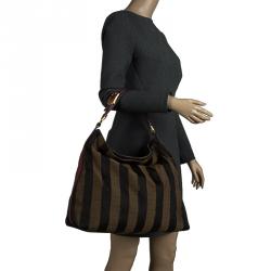 Pre Owned Fendi Brown/Purple Pequin Canvas and Leather Large Hobo