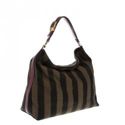Pre Owned Fendi Brown/Purple Pequin Canvas and Leather Large Hobo