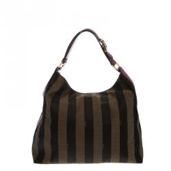 Pre Owned Fendi Brown/Purple Pequin Canvas and Leather Large Hobo