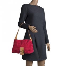 Pre Owned Fendi Pink/Red Zucchino Canvas Mama Forever Shoulder Bag