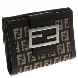 Pre Owned Fendi Dark Brown Zucchino Canvas and Leather Compact Wallet