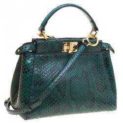 Pre Owned Fendi Green Python Mini Peekaboo Top Handle Bag