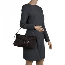 Pre Owned Fendi Dark Brown Zucchino Canvas Baguette Shoulder Bag