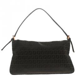 Pre Owned Fendi Dark Brown Zucchino Canvas Baguette Shoulder Bag