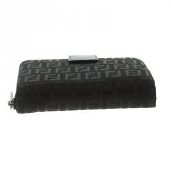Pre Owned Fendi Black Zucchino Canvas Zip Around Compact Wallet
