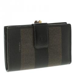 Pre Owned Fendi Tobacco Pequin Coated Canvas Kisslock Wallet