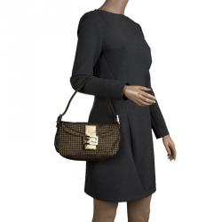 Pre Owned Fendi Gold Zucchino Canvas Baguette Shoulder Bag