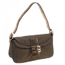 Pre Owned Fendi Gold Zucchino Canvas Baguette Shoulder Bag