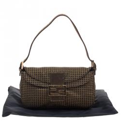Pre Owned Fendi Gold Zucchino Canvas Baguette Shoulder Bag