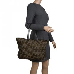 Pre Owned Fendi Tobacco Zucca Fabric Roll Shopper Tote