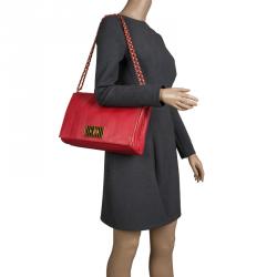 Pre Owned Fendi Red Leather Pequin Square Shoulder Bag