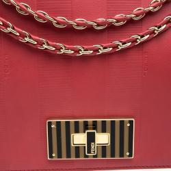 Pre Owned Fendi Red Leather Pequin Square Shoulder Bag