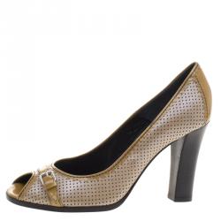 Pre Owned Fendi Two Tone Perforated Leather Buckle Detail Peep Toe Pumps Size 37