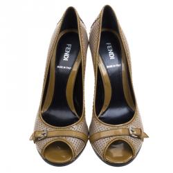 Pre Owned Fendi Two Tone Perforated Leather Buckle Detail Peep Toe Pumps Size 37