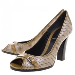 Pre Owned Fendi Two Tone Perforated Leather Buckle Detail Peep Toe Pumps Size 37