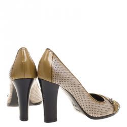 Pre Owned Fendi Two Tone Perforated Leather Buckle Detail Peep Toe Pumps Size 37