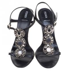Pre Owned Fendi Black Embellished Leather Ankle Strap Sandals Size 38.5