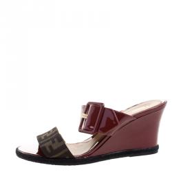 Fendi Red Patent Leather And Zucca Canvas Demi Wedge Slides Size 41