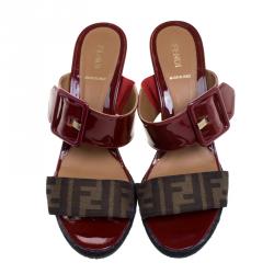 Fendi Red Patent Leather And Zucca Canvas Demi Wedge Slides Size 41