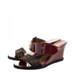 Fendi Red Patent Leather And Zucca Canvas Demi Wedge Slides Size 41