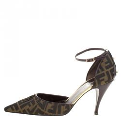 Pre Owned Fendi Brown Zucca Pleated Canvas Pointed Toe Ankle Strap D'orsay Pumps Size 40