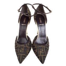 Pre Owned Fendi Brown Zucca Pleated Canvas Pointed Toe Ankle Strap D'orsay Pumps Size 40