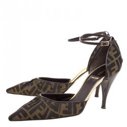 Pre Owned Fendi Brown Zucca Pleated Canvas Pointed Toe Ankle Strap D'orsay Pumps Size 40