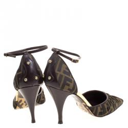 Pre Owned Fendi Brown Zucca Pleated Canvas Pointed Toe Ankle Strap D'orsay Pumps Size 40