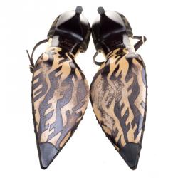 Pre Owned Fendi Brown Zucca Pleated Canvas Pointed Toe Ankle Strap D'orsay Pumps Size 40