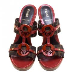 Pre Owned Fendi Tobacco/Red Zucca Canvas and Leather Logo Mules Sandals Size 37