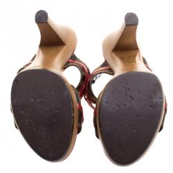 Pre Owned Fendi Tobacco/Red Zucca Canvas and Leather Logo Mules Sandals Size 37