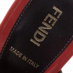 Pre Owned Fendi Tobacco/Red Zucca Canvas and Leather Logo Mules Sandals Size 37