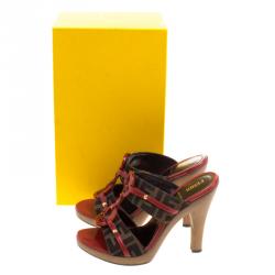 Pre Owned Fendi Tobacco/Red Zucca Canvas and Leather Logo Mules Sandals Size 37