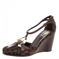 Fendi Tobacco/Brown  Zucca Canvas and Leather Wedge Sandals Size 36.5