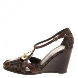 Fendi Tobacco/Brown  Zucca Canvas and Leather Wedge Sandals Size 36.5