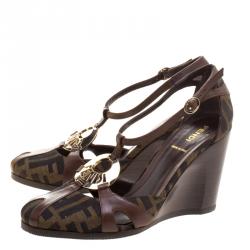 Fendi Tobacco/Brown  Zucca Canvas and Leather Wedge Sandals Size 36.5