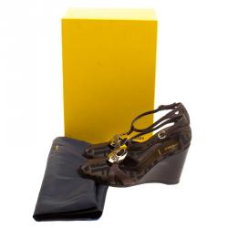 Fendi Tobacco/Brown  Zucca Canvas and Leather Wedge Sandals Size 36.5