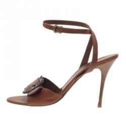 Pre Owned Fendi Brown Leather B Buckle Ankle Strap Sandals Size 38