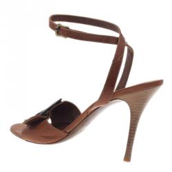 Pre Owned Fendi Brown Leather B Buckle Ankle Strap Sandals Size 38